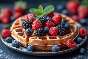 AI generated A plate of delicious waffles and berries are on the table photo