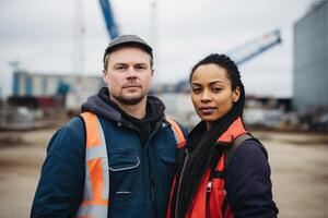 AI generated Portrait of two professional engineers or technicians standing in the background of a construction site photo