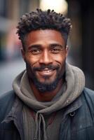 ai generado retrato de un sonriente africano hombre en de cerca en pie en el calle foto