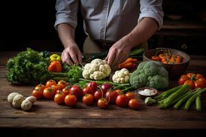 AI generated A woman's hand makes a fresh vegetable salad on the kitchen table on a dark background photo