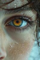 ai generado macro fotografía de un niña 's marrón ojos . pestañas y Cejas foto