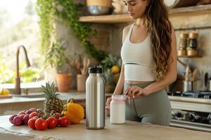 ai generado un contento joven mujer con un muscular cuerpo soportes en el cocina y prepara un Fruta zalamero foto