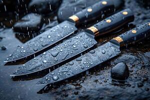 AI generated Black Damascus steel Knives on a wooden board in the rain photo