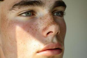 AI generated Close-up of a young male face on a light background photo