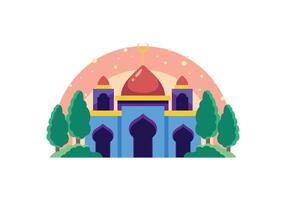 Simple Cute Small Blue Mosque With Trees Illustration vector