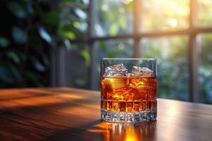 AI generated A glass of whiskey with ice on the table photo