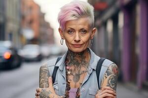 ai generado un maduro fuerte mujer con gris pelo y tatuajes en el antecedentes de un ciudad calle foto