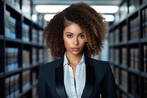 ai generado retrato de un elegante afroamericano bibliotecario en formal ropa, en pie en el Universidad biblioteca y mirando a el cámara foto