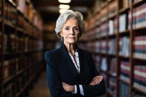 AI generated Portrait of a stylish elderly librarian in formal clothes, standing in the university library and looking at the camera photo