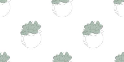 Seamless pattern of Hand drawn Linear Succulents in flower pots. Line Art outline Vector Flowers on white with Green spots. Design Botany Elements for Wrapper, Textile, Wallpaper, Boho Decoration.