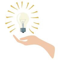 Flat Illustration of Hand Holding an Idea Light Bulb. Business Design Concept Vector Element isolated on white background. Cartoon Template for Poster, Presentation, Website. Brainstorming, Innovation