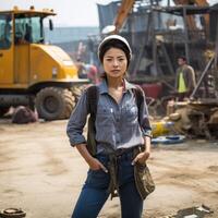 AI generated a woman engineer, builder or architect in a helmet against the background of a construction site photo