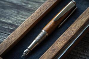 AI generated stylish fountain pen with a stylish box on the table photo