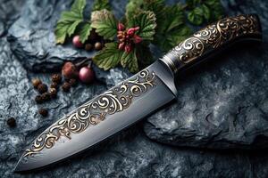 AI generated One Stylish Damascus steel kitchen knife on a wooden board photo