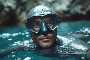 AI generated Freediver with glasses on the surface of the water before diving photo