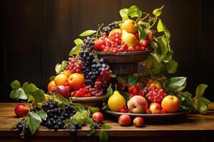 AI generated Assorted fruits on a wooden table on a black background photo