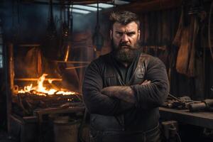 AI generated Portrait of a brutal man-a professional blacksmith in his own forge photo