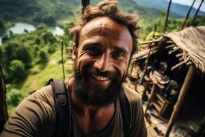 AI generated Portrait of a cheerful bearded traveler with a backpack against the background of nature. Guinea photo