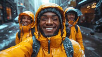 AI generated A reusable young group of happy people takes a selfie photo on a camera outside