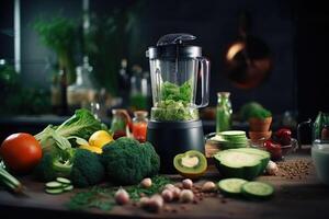 AI generated Delicious fresh smoothies and a blender with ingredients on the kitchen table. Lots of vegetables and fruits around photo