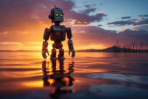 ai generado un robot desde el futuro camina en agua a puesta de sol. robotización foto