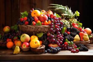 AI generated Assorted fruits on a wooden table on a black background photo