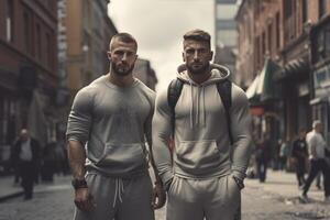 AI generated Two adult athletic men confident in themselves, standing on the street of the city during the day photo