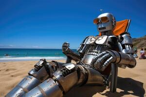 AI generated The robot is resting on a chaise longue. The robot is sunbathing on a sunny beach near the sea photo