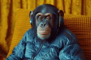 ai generado un chimpancé mono con musical auriculares es sentado en un Sillón foto