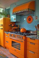 ai generado vistoso interior de un moderno cocina. Rico interior colores foto