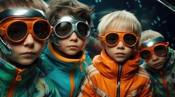 AI generated Four boys in colored clothes and glasses photo