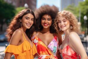 AI generated Three young smiling women of different races in summer colored clothes on a city street photo