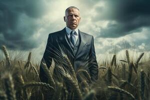 AI generated A businessman in a suit stands on a field of ripe wheat in cloudy weather photo