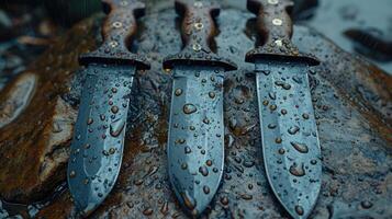 AI generated Black Damascus steel Knives on a wooden board in the rain photo