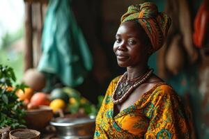 AI generated Young African American girl in the kitchen at home photo