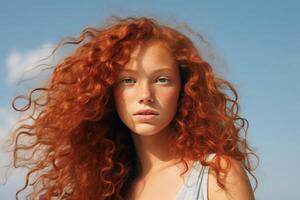 AI generated portrait of a young stylish red-haired girl, against a blue sky background photo