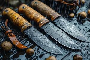 AI generated Black Damascus steel Knives on a wooden board in the rain photo