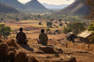 ai generado dos local africanos son sentado en contra el antecedentes de naturaleza. el paisaje de África foto