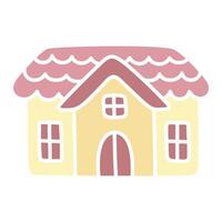 Cute yellow house. Simple hand drawn vector illustration. Cartoon flat kawaii cottage. Doodle art. Clipart isolated on white background. Graphic element for design of children products.