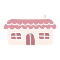 Cute pink house. Cartoon flat kawaii hut. Simple hand drawn vector illustration. Doodle art. Clipart isolated on white background. Graphic element for design of children products.