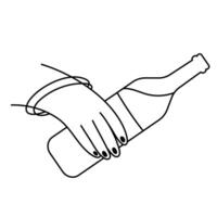 Female hand with a bottle of wine. Alcohol abuse addiction illustration. Mental health problems. Hand drawn line icon. vector