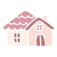 Cute pink house. Cartoon flat kawaii hut. Simple hand drawn vector illustration. Doodle art. Clipart isolated on white background. Graphic element for design of children products.