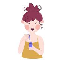 Cute young girl having a spa day at home. Face serum. Flat style cartoon character. vector