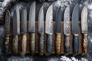 AI generated Top view of Damascus steel kitchen Knives on a wooden board photo