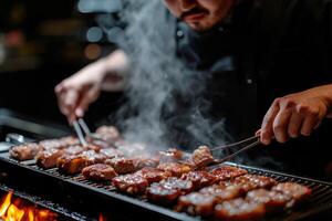 AI generated Lots of Meat steaks, the cook cooks on a stainless steel grill, with flames on a dark background. Food and kitchen concept photo