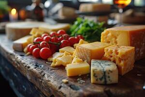 AI generated Slicing different cheeses lying on a wooden board against the background of the kitchen photo