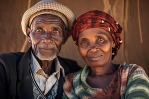 AI generated Portrait of an African elderly couple of a man and a woman against the background of African nature. Mature african couple photo