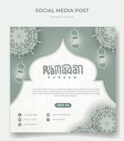 Social media post template with ornamental and lantern design, islamic background with mandala design, ramadan template in green mint background vector