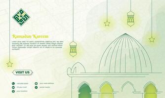 Islamic background with lantern, star and mosque in line art design for ramadan design, arabic text mean is ramadan kareem. vector