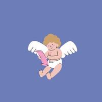 A hand drawn illustration of a chubby Cupid writing a love letter or writing the couple list vector